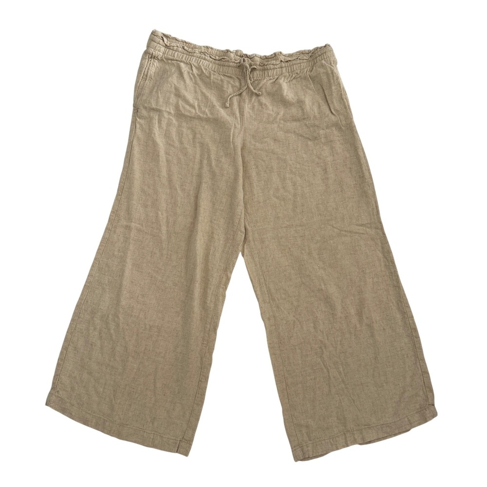 H&M Womens Beige Linen Blend Wide Leg Drawstring Pants Large Boho Coastal Earthy